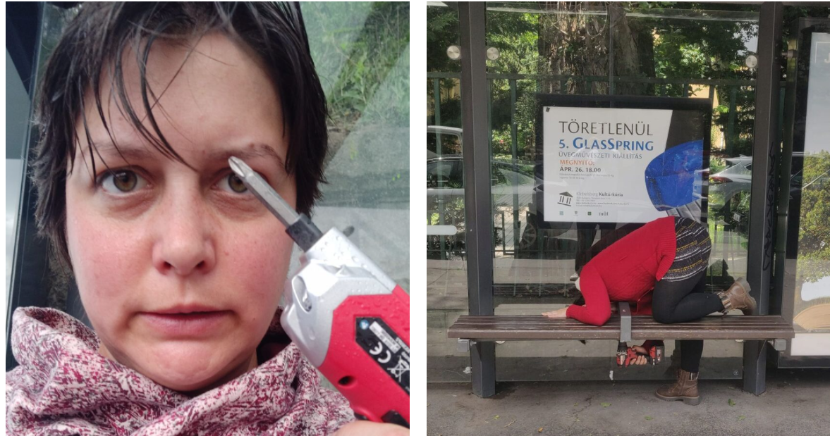 Veronika csavarbehajtóval eltávolítja a buszmegálló padjain lévő elválasztó vasakat