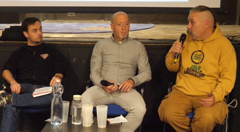 Kulcsár László, Fajcsák Dénes és Schneider Géza, „Zöldszínfestés – Zöldpolitikai konferencia és antifatalista tali” konferencia, 2025. október 20., Konnektor