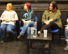 Kun Zoltán, Töplerné Szaszkó Andrea, Homoki Andrea, Magyar Kitti, Őri Ádám a „Zöldszínfestés – Zöldpolitikai konferencia és antifatalista tali” eseményen, 2025. október 20-án a Konnektorban